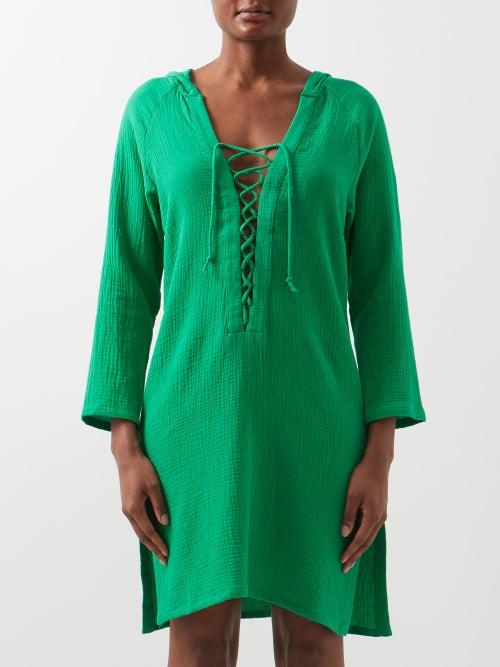 Albus Lumen - Hooded Drawstring-front Cotton-muslin Kaftan - Womens - Green