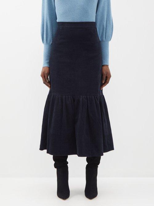 Cefinn - The Daphne High-rise Cotton-corduroy Midi Skirt - Womens - Navy