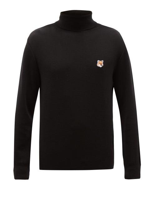 Matchesfashion.com Maison Kitsun - Logo Embroidered Roll Neck Wool Sweater - Mens - Black