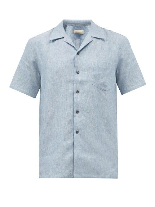 120 Lino 120% Lino - Cuban-collar Short-sleeved Linen Shirt - Mens - Blue