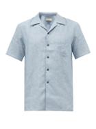 120 Lino 120% Lino - Cuban-collar Short-sleeved Linen Shirt - Mens - Blue
