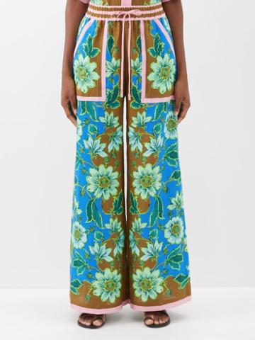Ale Mais - Winnie Floral-print Linen Trousers - Womens - Cobalt Blue