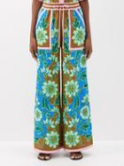 Ale Mais - Winnie Floral-print Linen Trousers - Womens - Cobalt Blue