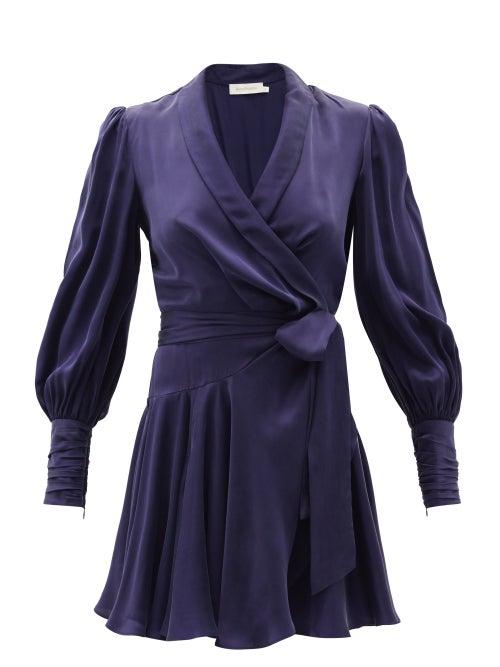 Matchesfashion.com Zimmermann - Bishop-sleeve Silk Wrap Mini Dress - Womens - Dark Blue