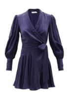 Matchesfashion.com Zimmermann - Bishop-sleeve Silk Wrap Mini Dress - Womens - Dark Blue