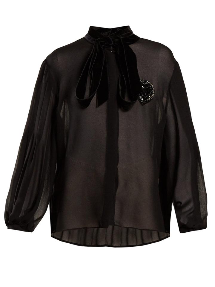 Fendi Crystal-embellished Pleated Georgette-crepe Blouse