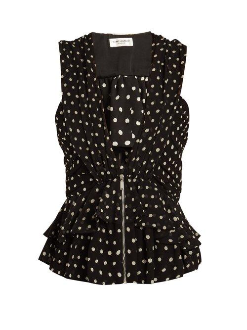 Matchesfashion.com Saint Laurent - Deep V Neck Polka Dot Print Silk Top - Womens - Black White