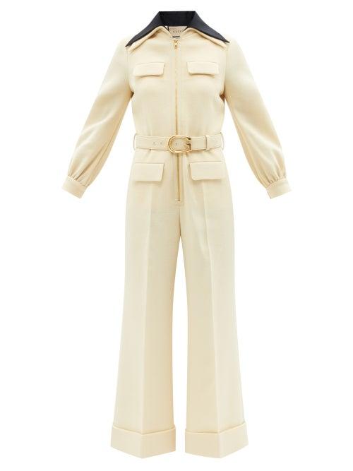 Gucci - Belted Wool-crepe Jumpsuit - Womens - Light Yellow