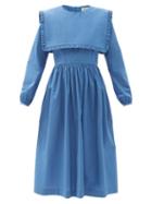 Ladies Rtw Molly Goddard - Arabella Square-bib Cotton-poplin Midi Dress - Womens - Mid Blue