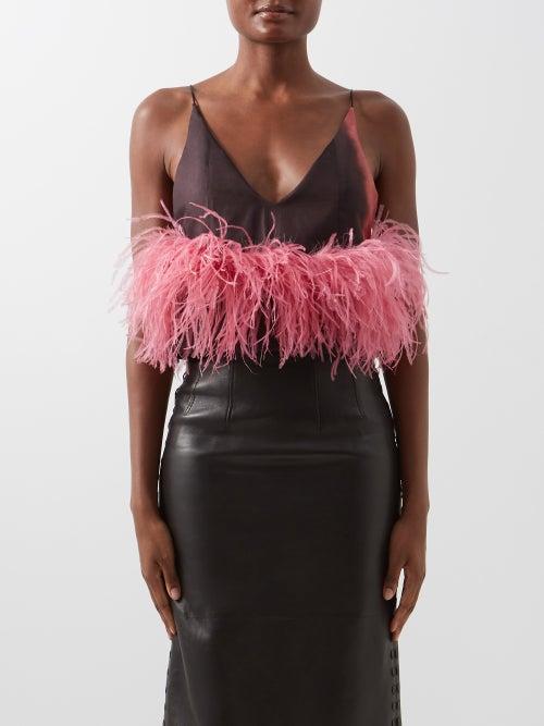 16arlington - Poppy Feather-trim Printed-satin Cropped Top - Womens - Pink Brown