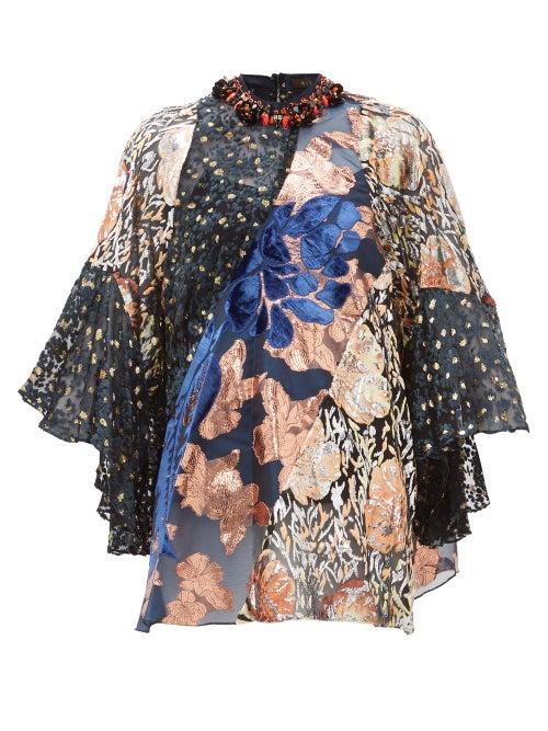 Matchesfashion.com Biyan - Jona Beaded Neck Velvet And Brocade Blouse - Womens - Black Pink