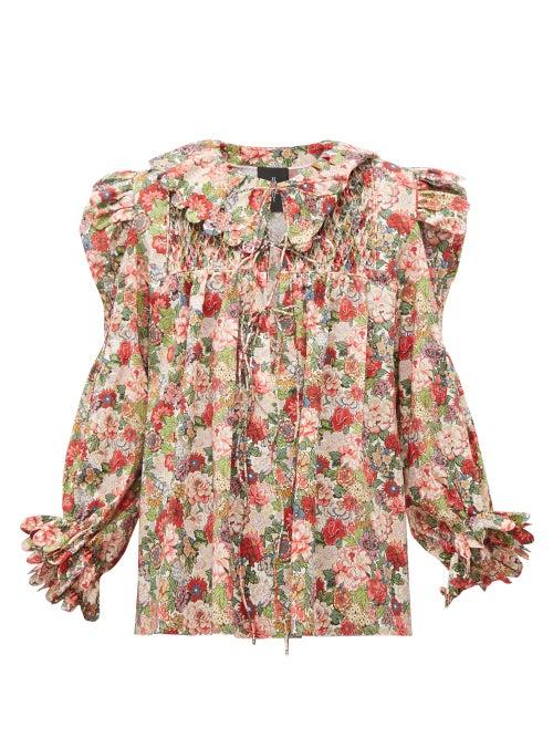 Matchesfashion.com Horror Vacui - Defensia Floral Print Smocked Cotton Blouse - Womens - Red Multi
