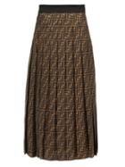 Matchesfashion.com Fendi - Pleated Ff-print Silk-satin Midi Skirt - Womens - Brown