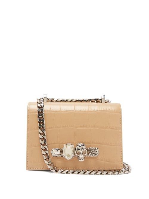 Matchesfashion.com Alexander Mcqueen - Jewelled Crocodile Effect Leather Shoulder Bag - Womens - Nude