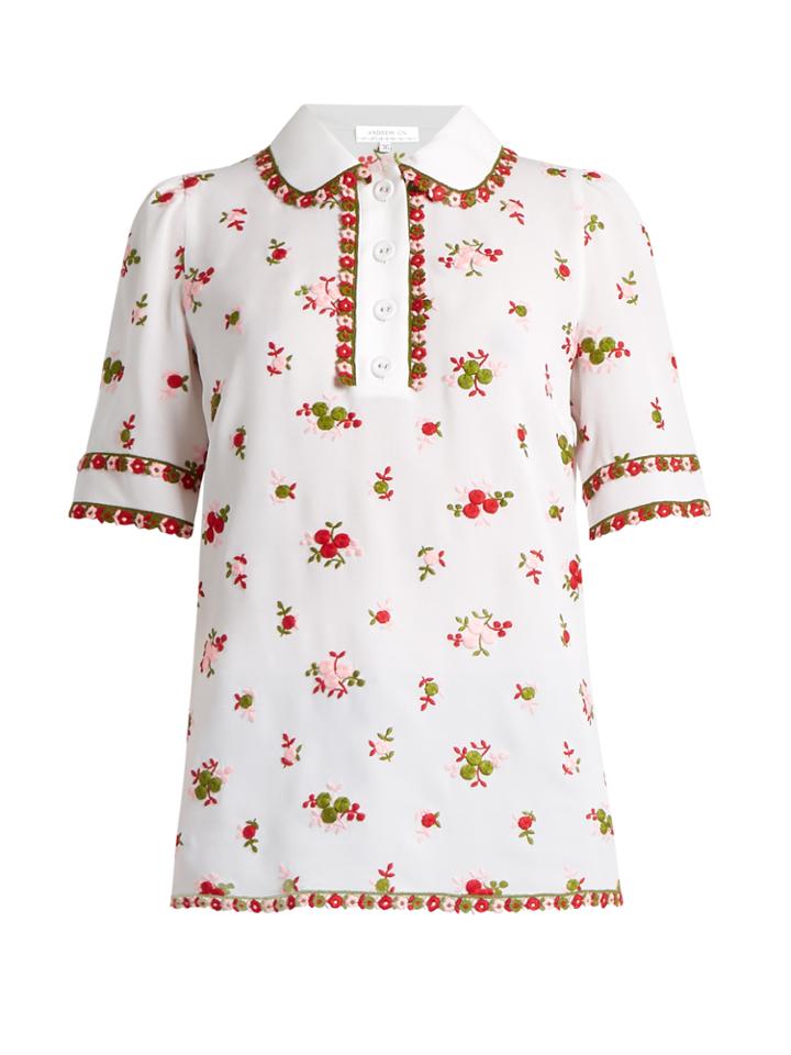 Andrew Gn Floral-embroidered Silk-blend Polo Shirt