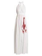 Matchesfashion.com Adriana Degreas - Lobster Print Halterneck Cotton Poplin Maxi Dress - Womens - White