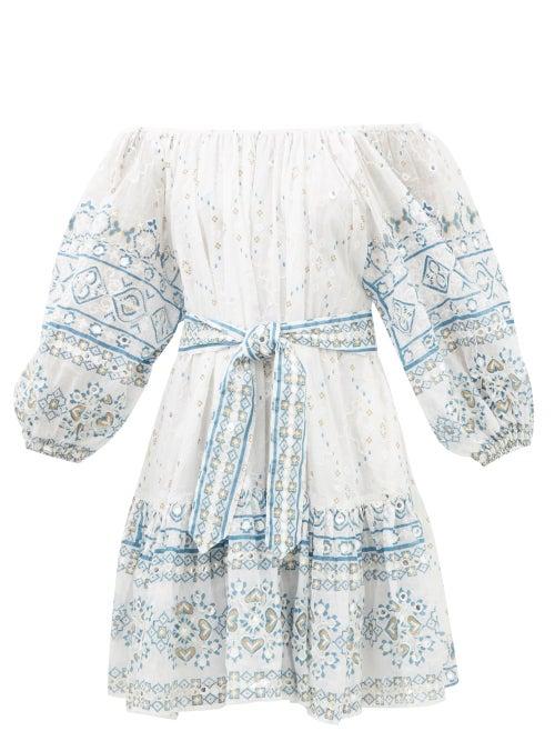Juliet Dunn - Mosaic Off-the-shoulder Embroidered Cotton Dress - Womens - White Blue