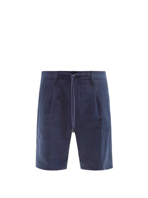 Mens Rtw Thom Sweeney - Pleated Slubbed-linen Hopsack Shorts - Mens - Dark Navy