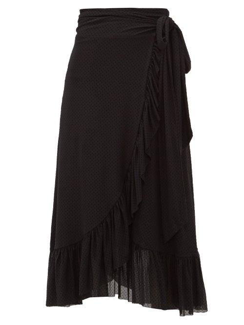 Matchesfashion.com Ganni - Flocked Dot-print Ruffled Mesh Wrap Skirt - Womens - Black