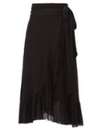 Matchesfashion.com Ganni - Flocked Dot-print Ruffled Mesh Wrap Skirt - Womens - Black