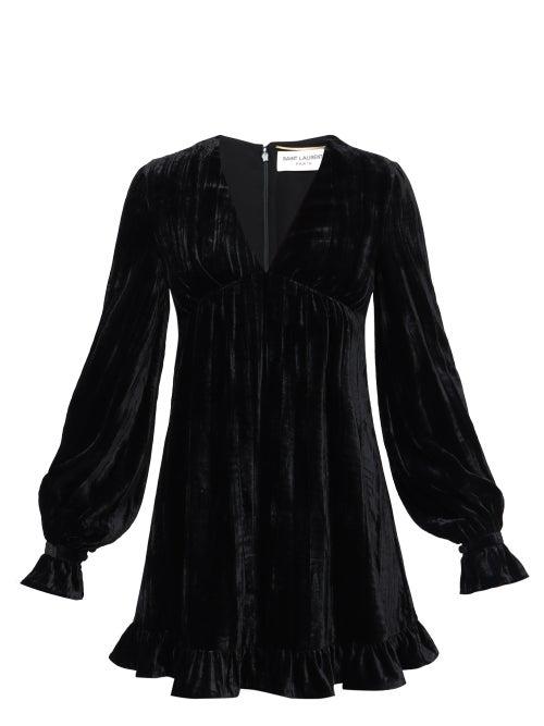 Saint Laurent - V-neck Velvet Mini Dress - Womens - Black
