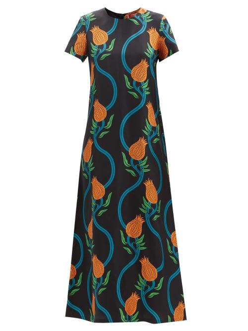 La Doublej - Swing Twin Pomegranate-print Silk Maxi Dress - Womens - Black Multi
