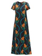 La Doublej - Swing Twin Pomegranate-print Silk Maxi Dress - Womens - Black Multi