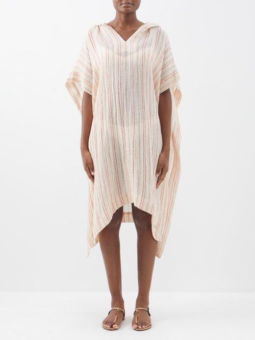Lisa Marie Fernandez - Striped Linen-blend Gauze Hooded Kaftan - Womens - Red Beige