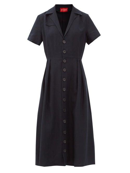 Matchesfashion.com Art School - Nurse Cuban-collar Linen Midi Dress - Womens - Navy