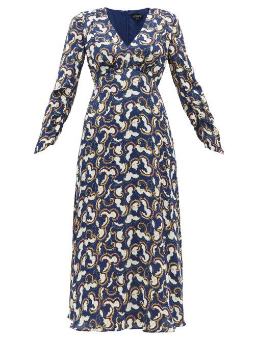 Matchesfashion.com Saloni - Lisa Cloud Print Crepe Midi Dress - Womens - Navy White