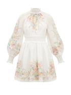 Matchesfashion.com Zimmermann - Zinnia Floral-print Shirred Ramie Dress - Womens - Cream Print