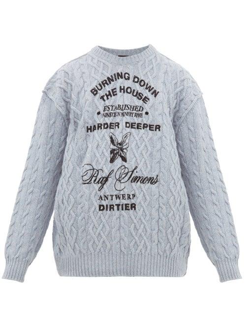 Matchesfashion.com Raf Simons - Logo Print Cable Knit Wool Sweater - Mens - Light Blue