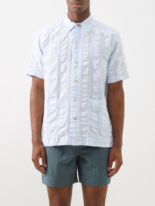 Oliver Spencer - Cuban-collar Striped Seersucker Shirt - Mens - Blue
