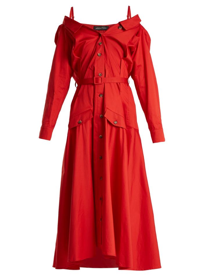 Anna October Off-the-shoulder Button-down Midi Dress