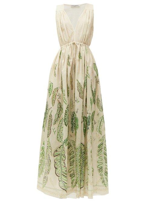 Matchesfashion.com Three Graces London - Solaine Leaf Print Cotton Maxi Dress - Womens - Green Multi