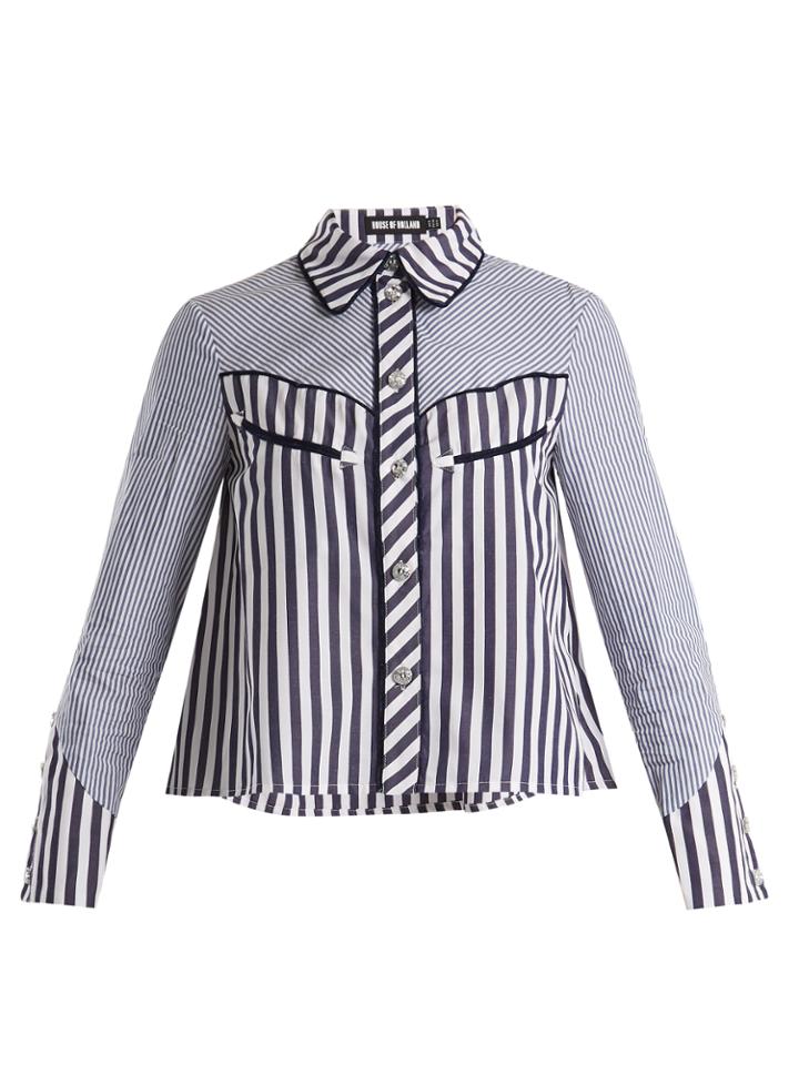 House Of Holland Contrast-striped Point-collar Cotton Shirt