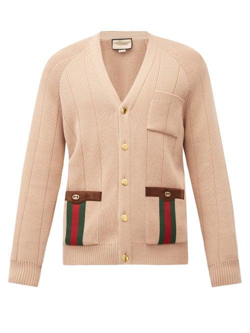 Matchesfashion.com Gucci - Web-stripe Suede-trimmed Wool-blend Cardigan - Mens - Beige