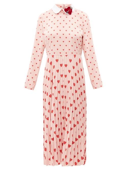 Matchesfashion.com Redvalentino - Heart Print Pleated Crepe Midi Dress - Womens - Pink Multi
