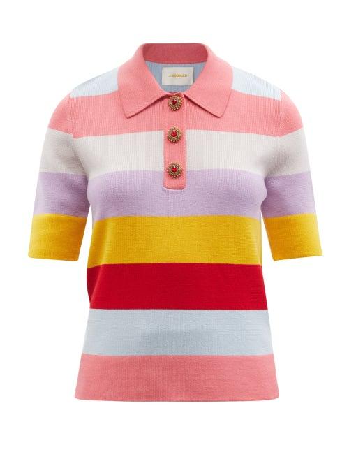 Ladies Beachwear La Doublej - Striped Wool Polo Shirt - Womens - Pink Stripe