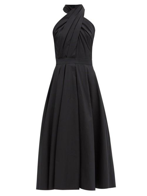 Matchesfashion.com Alexander Mcqueen - Halterneck Pleated Cotton-poplin Midi Dress - Womens - Black