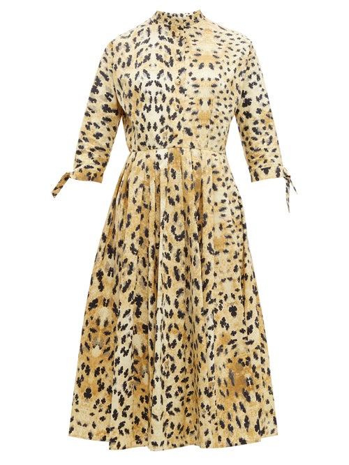 Matchesfashion.com Prada - Band Collar Watercolour Print Cotton Midi Dress - Womens - Beige Multi