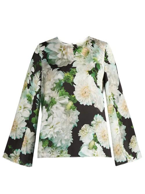Adam Lippes Long-sleeved Floral-print Satin Top