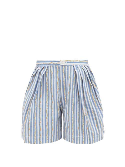 Thierry Colson - Kenya Floral-print Striped-cotton Shorts - Womens - Blue Multi