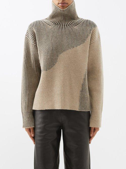 Joseph - Roll-neck Abstract-jacquard Ribbed-merino Sweater - Womens - Beige Black