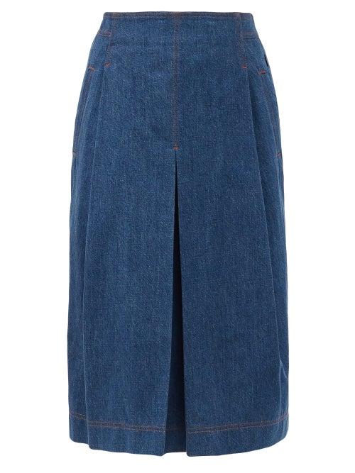Matchesfashion.com Chlo - Box-pleated Denim Midi Skirt - Womens - Denim