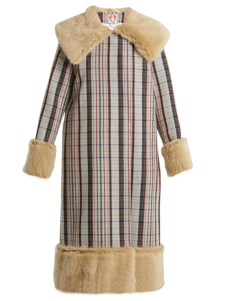 Shrimps Indigo Fur-trimmed Checked-wool Coat