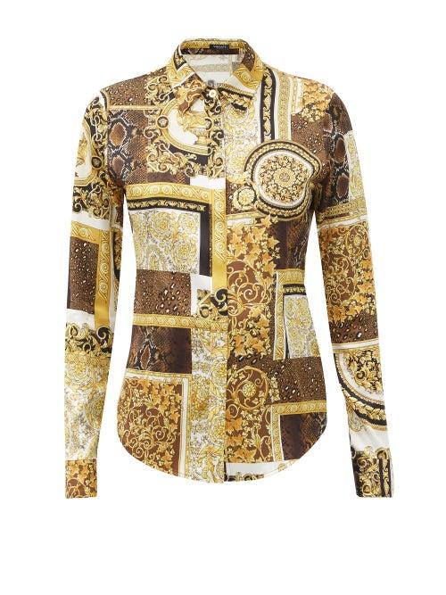 Matchesfashion.com Versace - Patchwork Baroque-print Silk-satin Shirt - Womens - Yellow Multi