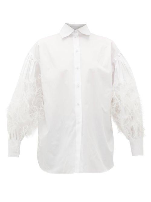 Matchesfashion.com Valentino - Feather-embellished Cotton-poplin Shirt - Womens - White
