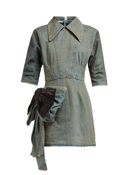 Matchesfashion.com Miu Miu - Bow Trim Denim Mini Dress - Womens - Denim