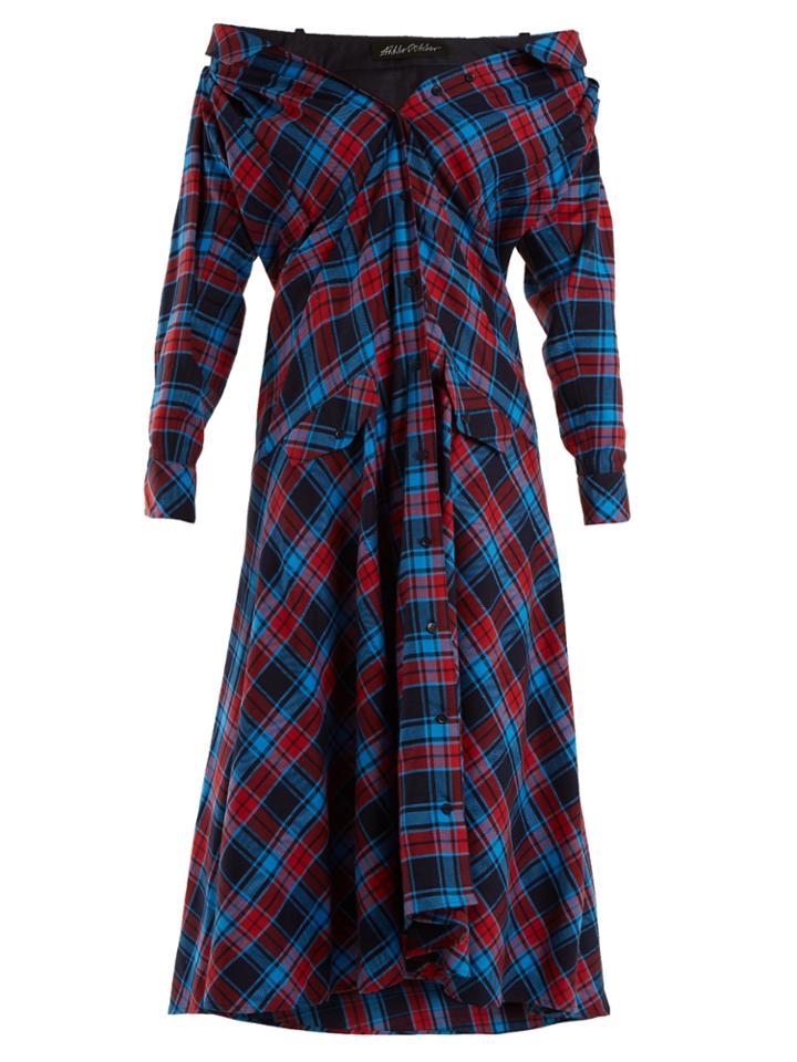 Anna October Off-the-shoulder Checked Cotton Dress